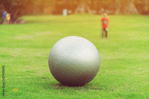 Large gray rubber balls placed on green grass in the public park.