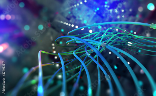 Digital technology. Web of global data. Network connections in the cyberspace of the future. 3D illustration of computer wires in an abstract, futuristic city