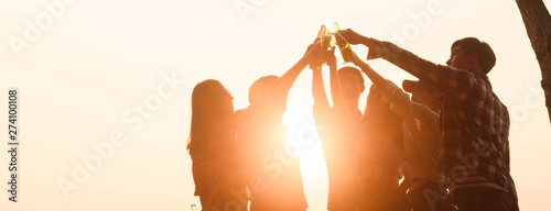 Six young entrepreneur gathering together toast for success in business start up, group party at dusk, cropped dimension for banner