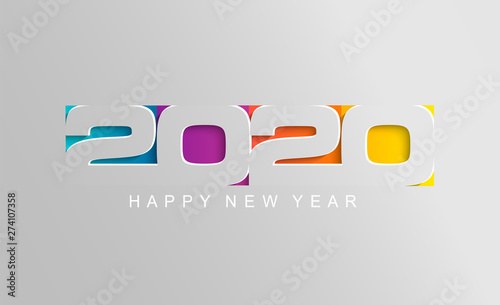 Happy 2020 new year card in paper style for your seasonal holidays flyers, greetings and invitations cards and christmas themed congratulations and banners. Vector illustration.