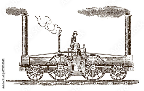 Early historic eight-wheeled locomotive „South Carolina“ with three chimneys from 1831. Illustration after an engraving from the 19th century