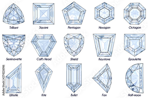 Fifteen fancy diamond shapes with titles on white background.