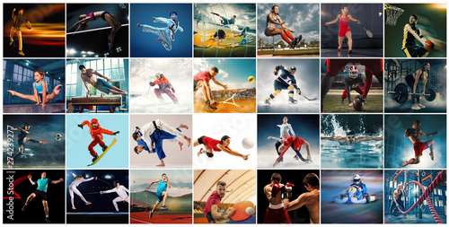 Kreatywny kolaż ze zdjęć 29 modeli. Tenis, bieganie, badminton, pływanie, koszykówka, piłka ręczna, siatkówka, futbol amerykański, rugby, snowboard, tenis, hokej w ruchu.