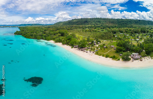 Port Orly sandy beach with palm trees, Espiritu Santo Island, Vanuatu.