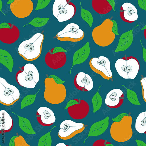 Pears and apples seamless background. Simple green wallpaper.