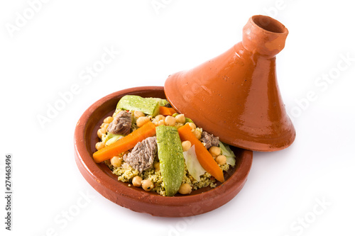 Traditional tajine with vegetables, chickpeas, meat and couscous isolated on white background