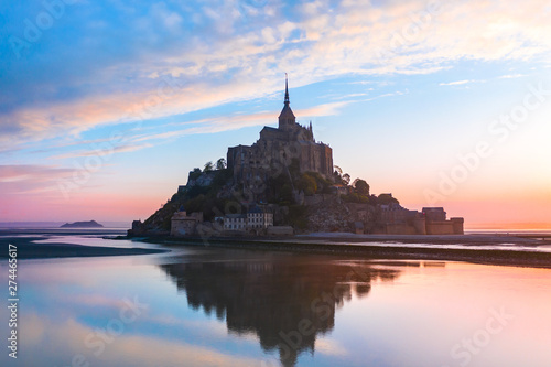 Mont Saint-Michel view in the sunrise light. Normandy, northern France