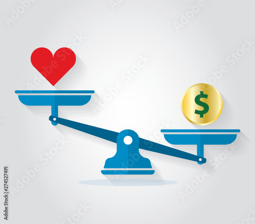 Balance scale weight for love and money. Vector conceptual illustration.