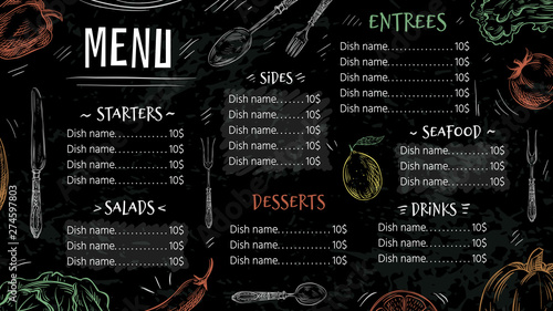 Vintage restaurant menu. Hand drawn food, cafe menus and kitchen poster. Chalk board menu, cafe flyer design or dessert, bar drinks and salads brochure hipster vector template illustration
