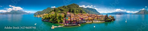 Aerial view of Varena old town on Lake Como with the mountains in the background, Italy, Europe
