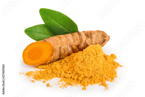 turmeric root and powder isolated on white background close up