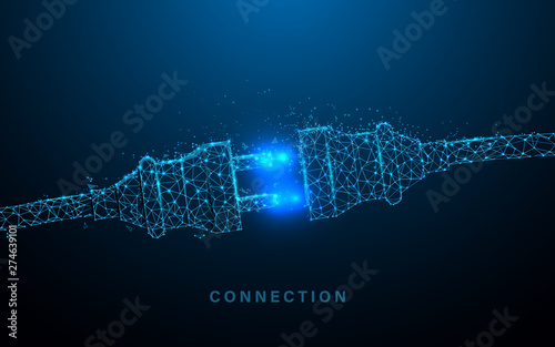Electric socket with a plug. Connection and disconnection concept. lines, triangles and particle style design. Illustration vector