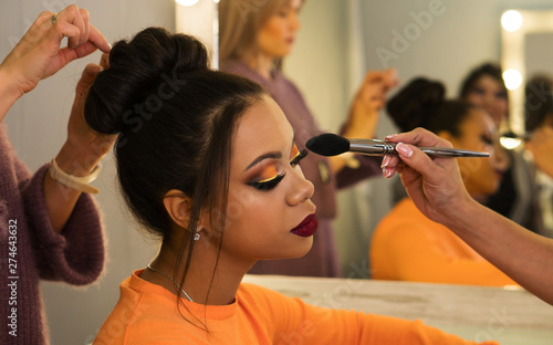 Open workshop hairdressing. Master class makeup art shows on model. Fashion professional. Practice skills obtained at vocational training centre. vlogger makeup tutorial channel. Concept of study. Ba