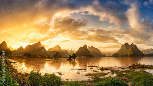 Sunrise of Guilin, Li River and Karst mountains. Located near Yangshuo County, Guilin City, Guangxi Province, China.