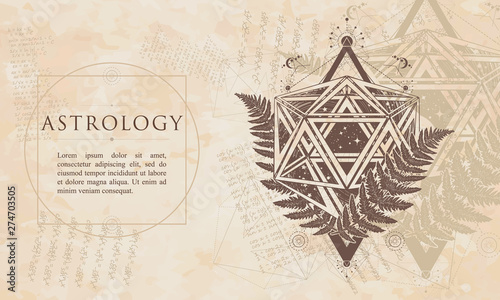 Astrology. Icosahedron and fern. Mathematical esoteric symbol. Alchemy philosophers stone concept. Renaissance background. Medieval manuscript, engraving art