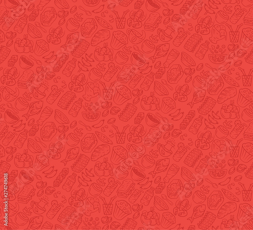 Food vector seamless pattern. Cuisine, fast food cafe wallpaper with gastronomy icons. Red, ruby color texture. Decorative textile, wrapping paper design. Bright background for menu, receipts