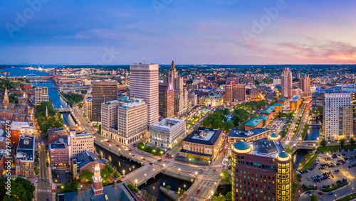 Aerial panorama of Providence skyline at dusk. Providence is the capital city of the U.S. state of Rhode Island. Founded in 1636 is one of the oldest cities in USA.