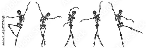 Ballet. Five dancing black silhouettes of skeletons isolated on a white background. Vector illustration