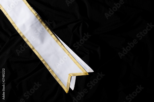 White Gold Winner Sash for Miss Pageant Beauty Contest, empty area for text winner country word, studio lighting abstract dark drapping textile background, Importance Decoration on shoulder to waist