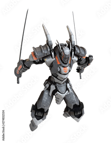 Sci-fi mech warrior holding two swords in fighting position. Mech in a flying, jumping pose. Futuristic robot with white and gray color scratched metal. Mech Battle. 3D rendering on a white background