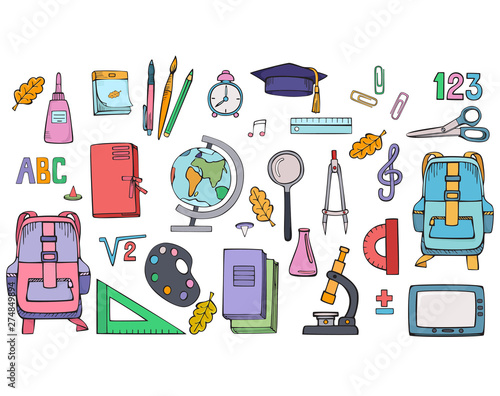 Set of school supplies. Vector colorful illustration. Hand drawings isolated on white background.
