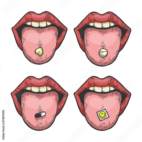 Tongue with drug narcotic pill and LSD stamp color sketch engraving vector illustration. Scratch board style imitation. Black and white hand drawn image.