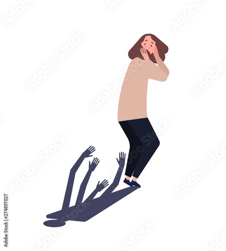 Young woman scared of her shadow. Lady suffering from persecutory delusion, phobia, fear of past, paranoid or delusional disorder. Psychiatric diagnosis. Flat cartoon colorful vector illustration.