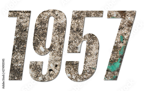 Year 1957 with old concrete wall on white background