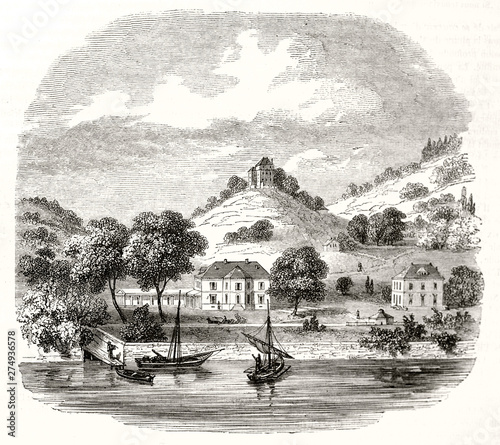 Ancient view of Clarens and Chatelard Castle in background canton of Vaud Switzerland. Little peaceful village with a castle on a hill and a river below. By Freeman, Magasin Pittoresque Paris 1848