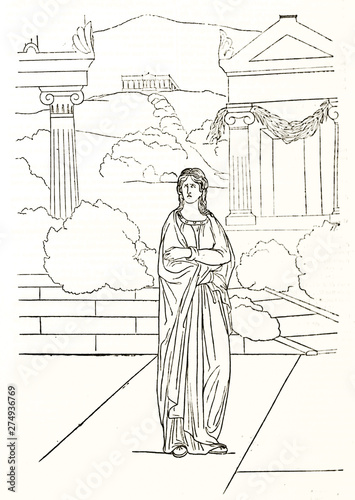 Electra (Sophocles greek tragedy character) over a hellenistic background drawed in a minimal contour line style. By Etex publ. on Magasin Pittoresque Paris 1848