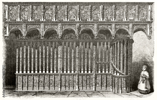 Ancient grayscale etching style illustration depicting the majestic decorated wooden jube in Villemaur-sur-Vanne Notre-Dame church. By Godard d'Alencon publ. on Magasin Pittoresque Paris 1848