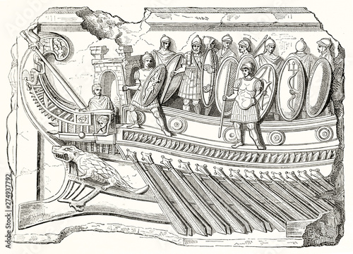 Reproduction of antique Roman bas-relief found in Palestrina (Praeneste) Rome depicting a roman legion on board of a trireme, war vessel. Publ. on Magasin Pittoresque Paris 1848
