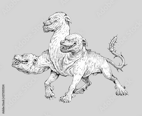 Multi headed dog Cerberus drawing. Hound of Hades. Greek mythology illustration.