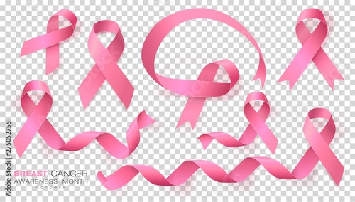 Breast Cancer Awareness Month. Pink Color Ribbon Isolated On Transparent Background. Vector Design Template For Poster.