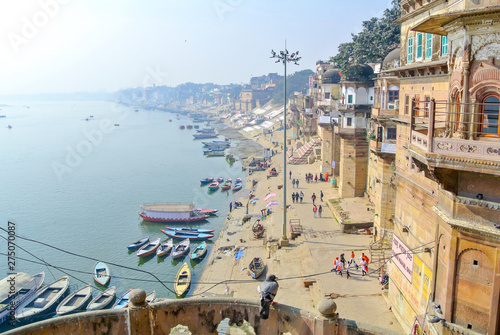 Panoramic view on Ghats of Ganges river in the morning, Varanasi, India