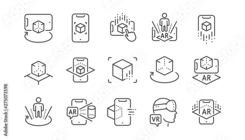 Augmented reality line icons. VR simulation, Panorama view, 360 degrees. Virtual reality gaming, augmented, full rotation arrows icons. Linear set. Vector