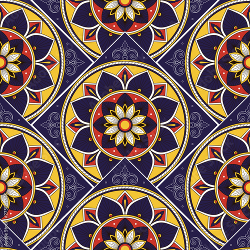 Spanish tile pattern vector seamless with scale floral motifs. Portuguese azulejos, mexican talavera, spain barcelona ceramic, italy sicily majolica. Mosaic texture for wallpaper or kitchen floor.