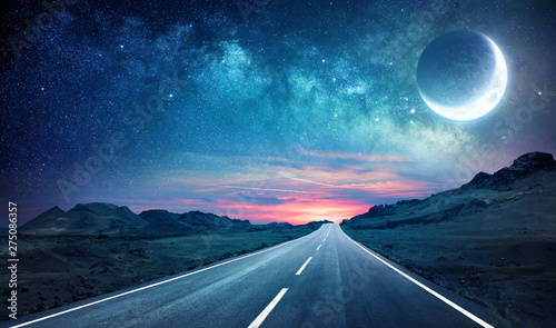 Road In Night - With Half Moon And Milky Way