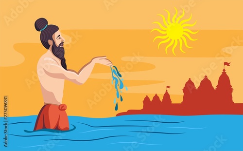 sadhu praying in river giving argya