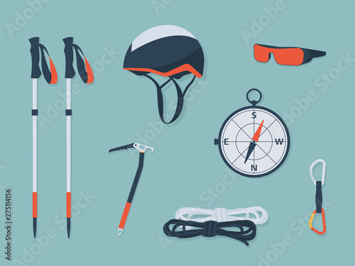 Mountaineering equipment set. Outdoor hiking adventure. Modern flat Illustration.
