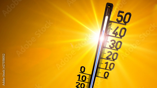 Hot summer or heat wave background, glowing sun on orange sky with thermometer