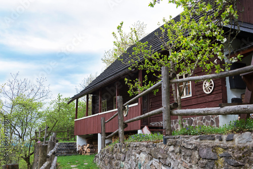 Spania Dolina, Slovakia. Famous place in the Slovak Tatras. Visited tourist place. Mountain, houses, village. Postcard.