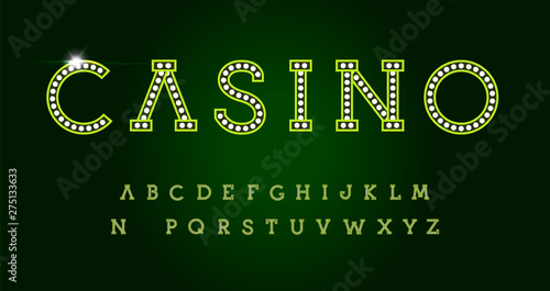 Casino letters set on green background. Green luxury style vector latin alphabet. Font for events, web business, promotions, logos, banner, monogram and poster. Typography design.
