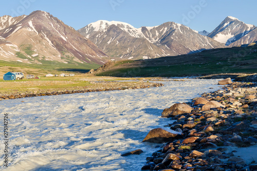 Western Mongolia mountainous landscape. Upstrem of Tsaagan Gol River ("White River"). Altai Tavan Bogd National Park, Tsaagan Gol River Valley, Bayan-Ulgii Province, Mongolia.