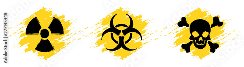 Danger grunge vector signs. Radiation sign, Biohazard sign, Toxic sign, Poison sign.