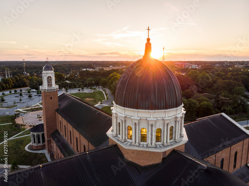 Aerial View of Cathedral in Raleigh, North Carolina at Sunset