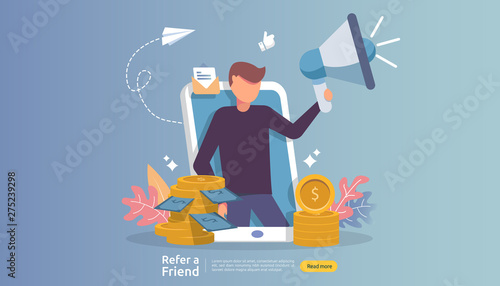 affiliate marketing concept. refer a friend strategy. people character shout megaphone sharing referral business partnership and earn money. template for web landing page, banner, poster, print media