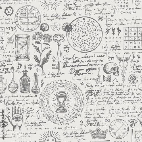 Vector seamless background on the theme of alchemy, medicine, magic, witchcraft and mysticism with various esoteric and occult symbols. Medieval manuscript with sketches and notes in retro style