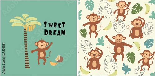 set of monkey print and seamless pattern with monkeys.vector