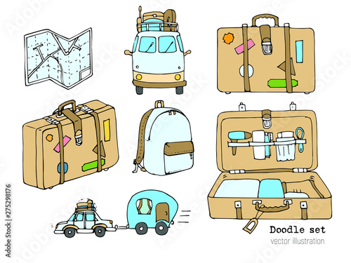 Set of cute hand drawn travel doodle. Vacation concept. Tourism and trip sketch cartoon elements. Map, suitcase, camera, passport, bagpack, luggage , trailer. Vector illustration. Traveling